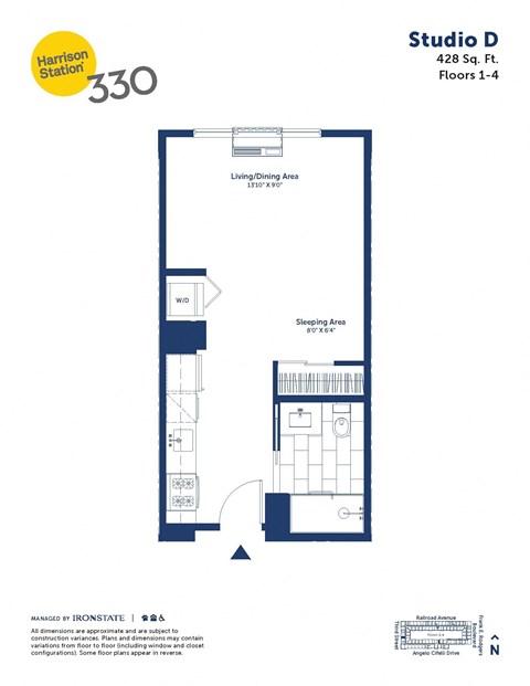 Floor plan for studio, 1 bath, 428 sqft